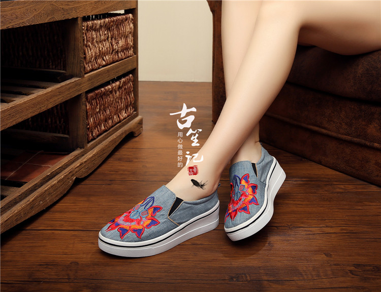 Big thêu hoa phong cách dân tộc giày thời trang và bánh xốp với giày dày đế thấp denim vải thô Sen nữ nhỏ tươi giày nữ giày balenciaga chính hãng
