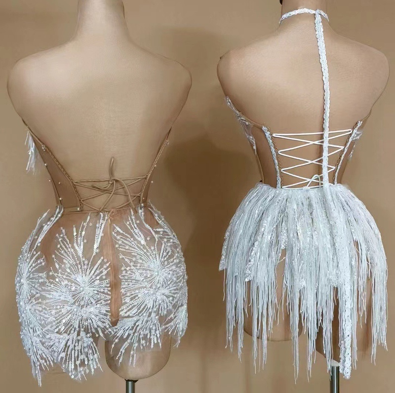 Sexy Halter Neck Dress with Pearls, Evening Party Stage Performance Evening Dress