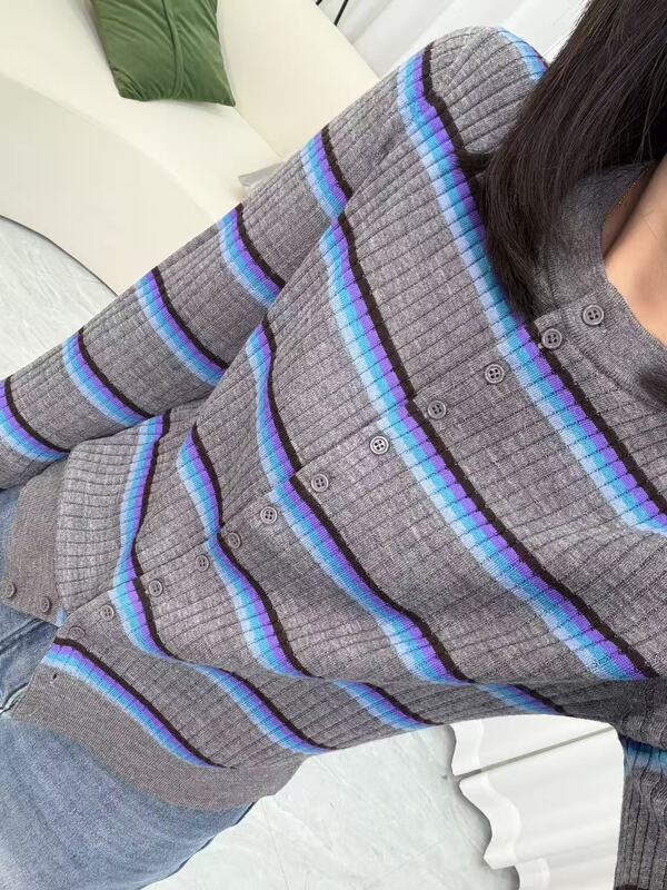 Very Beautiful ~ Fine-Spun Pure Wool Women's Round-Neck Striped Thin Color-Block Knit Cardigan