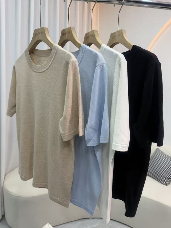 Gold Wool ~ Fine-Spun Women's Ultra-Fine Fine-Spun Wool Knitted Round Neck T-Shirt