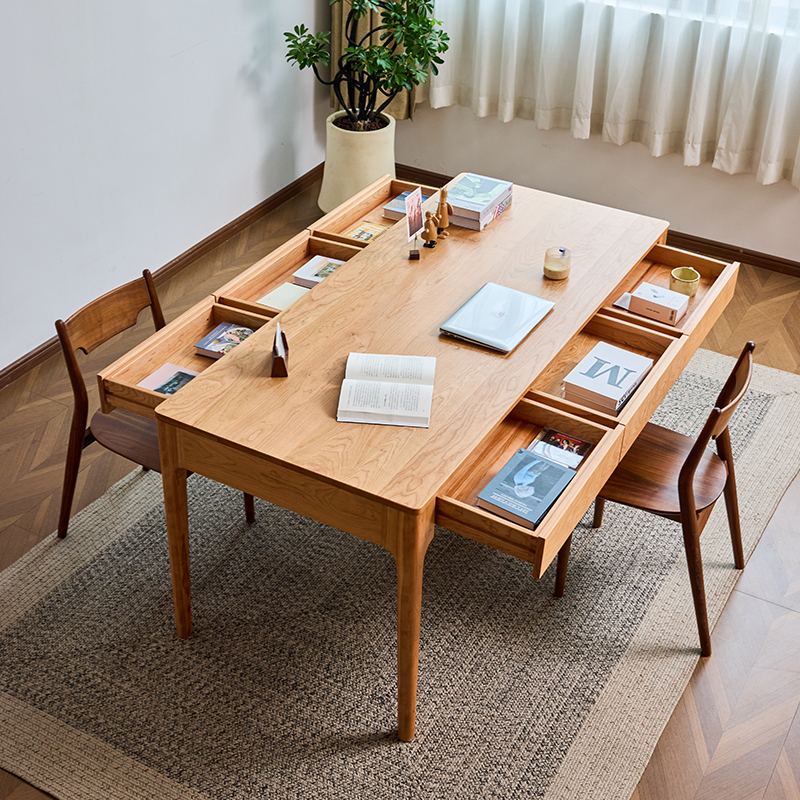 North American Cherry Wood Desk Rectangular Dining Table Living Room Multi-Person Drawer Work Study Table Solid Wood Large Tea Table