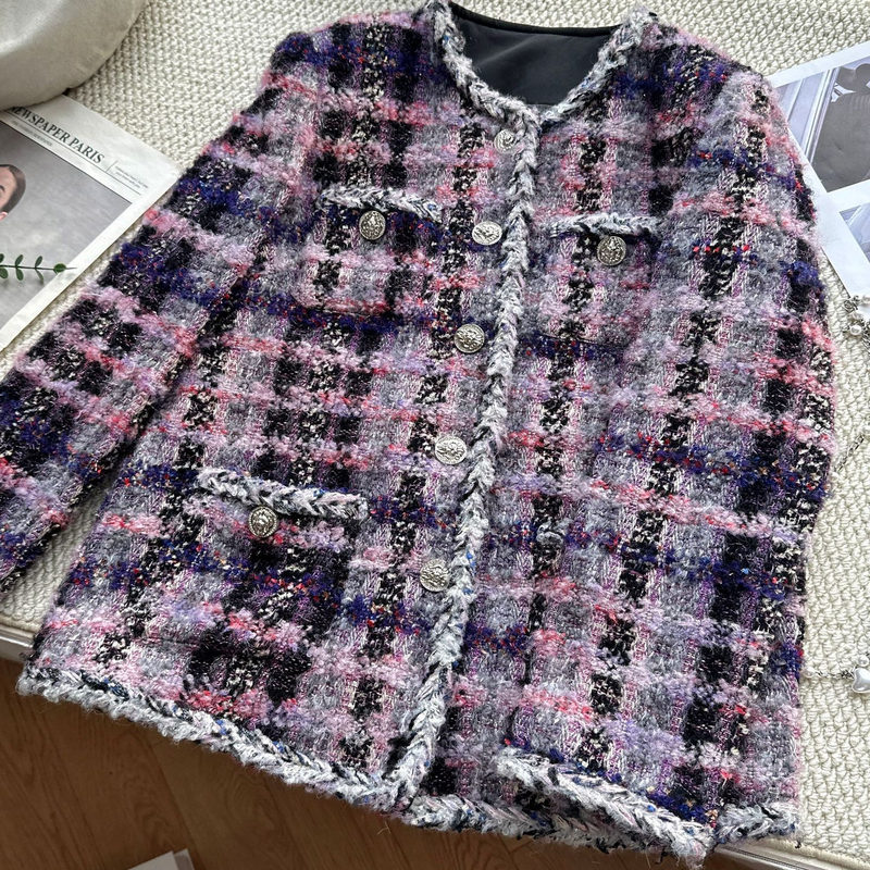 Korean-Style Tweed Short Jacket for Women, Autumn and Winter Thickened Warm Buttoned Fringed Plaid Top with a High-End Feel