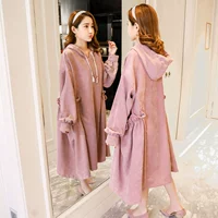 Bà bầu mặc mùa thu mới thời trang mẹ lỏng lẻo dài đầu gối tay áo dài trùm đầu váy bà bầu dam bau
