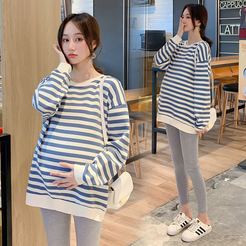 Angel Mommy~Pregnant Women's Clothing 2023 Spring Fashion Sweater loose mid - long spring Strip Tops