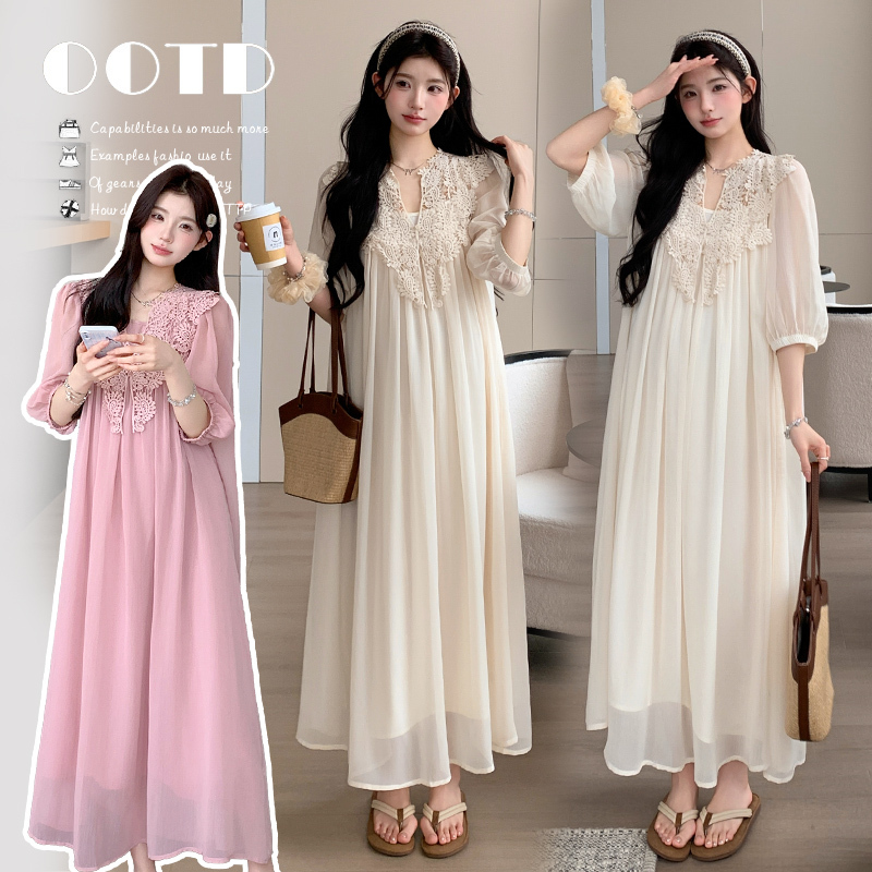 Angel Mommy~ Maternity Summer Outfit V-Neck Lantern Sleeve Lace Patchwork Hollow Dress with Inner Camisole