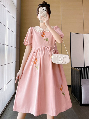 Модная летняя одежда для матери и ребенка для беременных, двухэтажная кукла, длинная юбка, платье, кукольный воротник, оверсайз