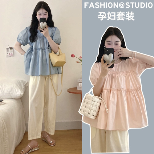 Летний комплект для матери и ребенка для беременных, рубашка, рукава фонарики, свободный крой, оверсайз