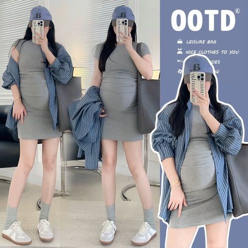 Летняя эластичная футболка с коротким рукавом для матери и ребенка для беременных, платье, рубашка, комплект