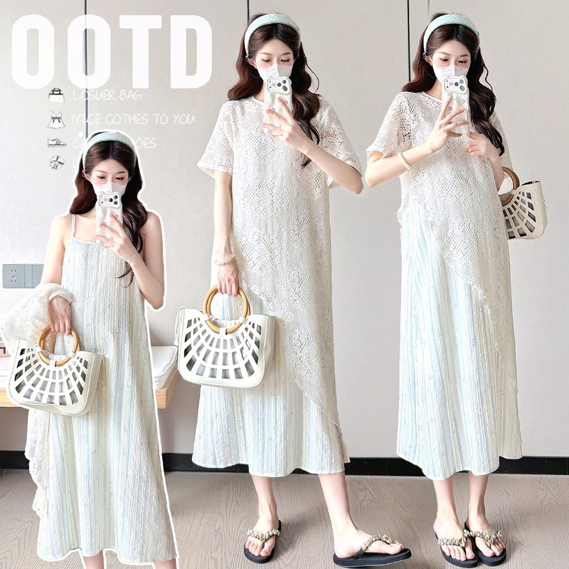 Angel Mommy~ Maternity Suit Summer Round Neck Short-Sleeved Irregular Hollow Lace Blouse + Floral Suspender Skirt