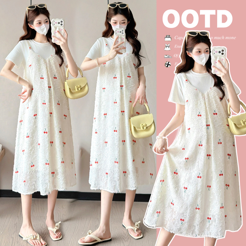 Angel Mommy~ Maternity Wear Summer Fashion Round Neck Short Sleeve Color-Blocking Fake Two-Piece Patchwork Embroidered Floral Dress Angel Mommy~ Maternity Wear Summer Fashion Round Neck Short Sleeve Color-Blocking Fake Two-Piece Patchwork Embroidered Floral Dress