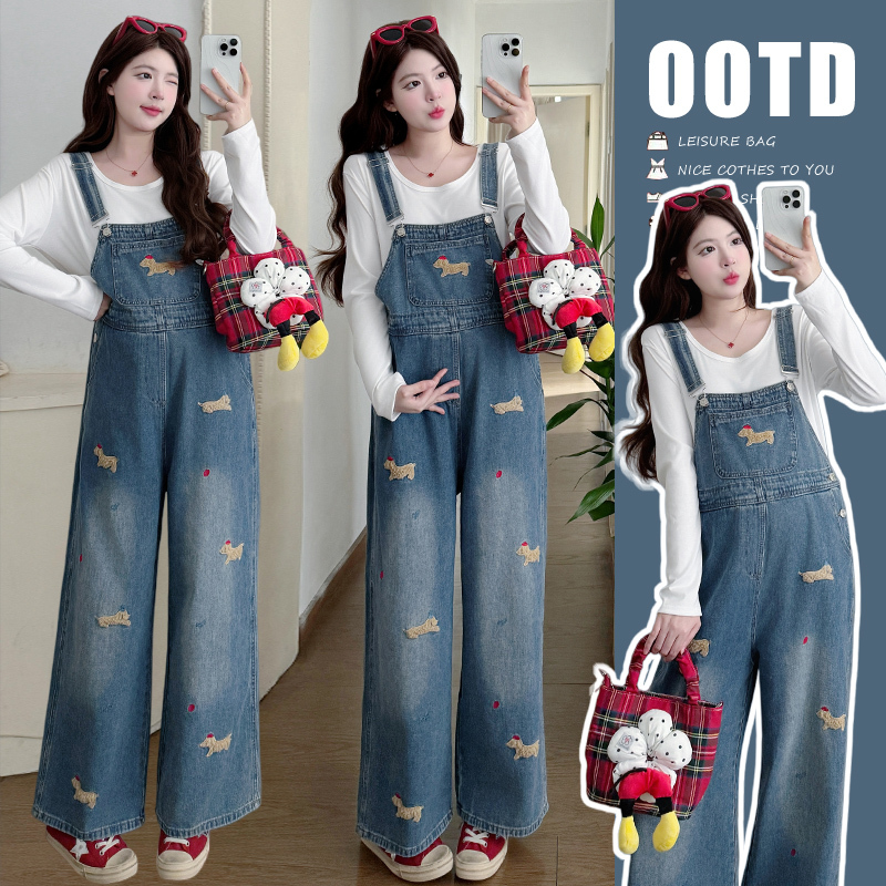Angel Mommy~ Maternity Set Early Spring New Style Round Neck Long-Sleeve T-Shirt + Color-Block Cartoon Embroidered Denim Overalls