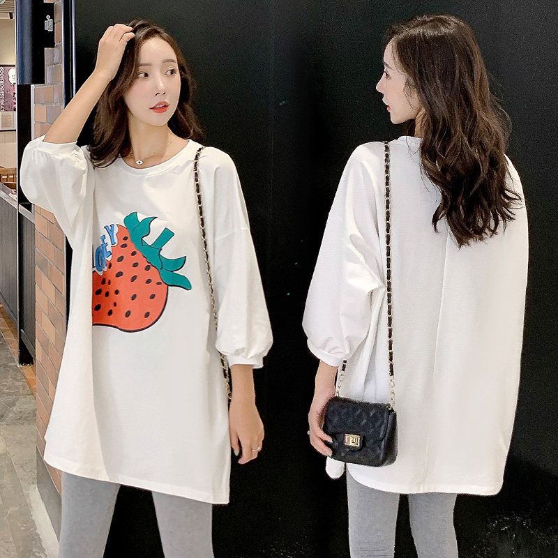 Angel Mommy ~ Pregnant Woman Autumn Clothing 2023 Gestation Mother Ocean Gas Loose Large Code Medium Long blouses pregnant woman T-shirt Chunqiu-Taobao