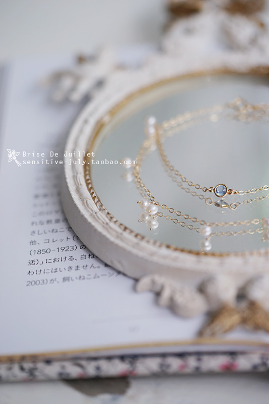 Juillet tháng 7 | Haze xanh. Nhập khẩu đôi nhỏ màu xanh nhạt zircon + vòng tay đôi ngọc trai nước ngọt / vòng chân - Vòng đeo tay Clasp vòng bạc nữ