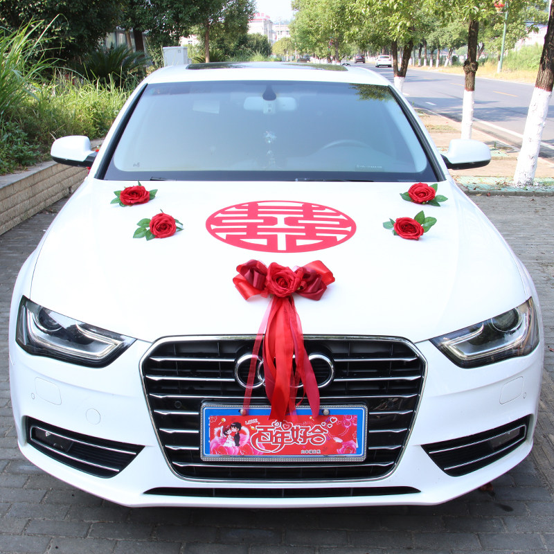 Chinese wedding main wedding car embellished rearview mirror door handle flower vice team decoration simulation rose wedding decoration