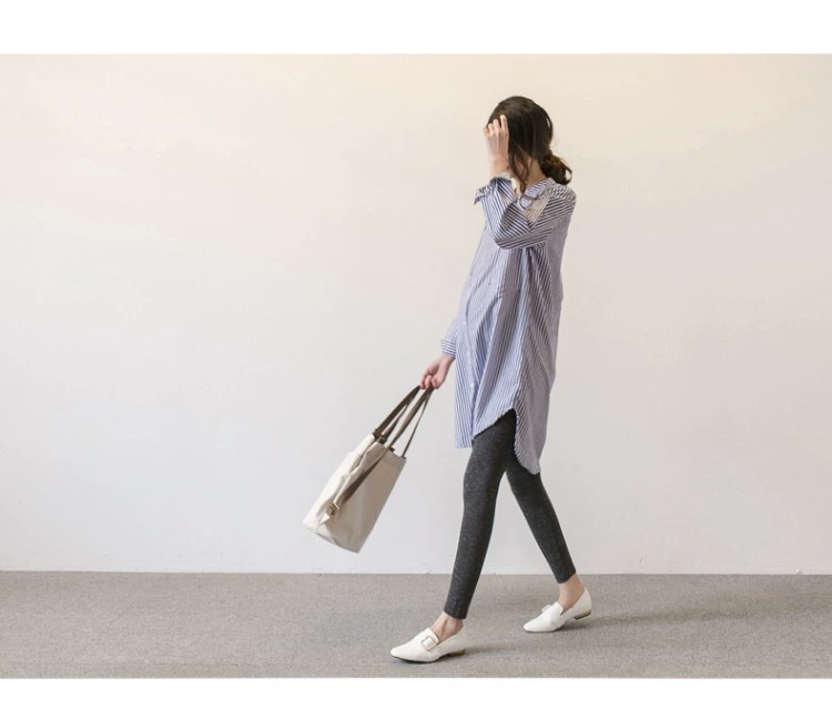 Áo bà bầu xuân 2019 mới áo dài tay cho bà bầu mùa xuân và mùa thu dài đoạn rộng sọc rộng váy bà bầu - Áo thai sản
