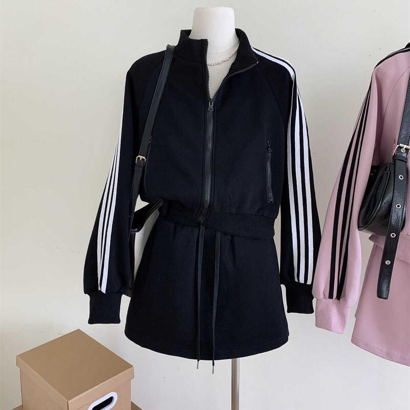 Korean Style Age-Reducing Casual Suit for Women, Spring 2026 New Color-Block Pink Sweatshirt Jacket and Short Skirt Two-Piece Set