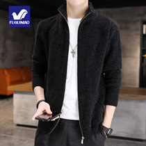 Fugui bird knit jacket mens sweatshirt autumn and winter in youth mens upright collar clothing plus suede thickened casual jacket