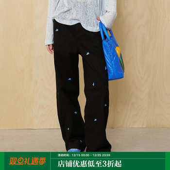 Moodlikeme'Flower Season' Floral Embroidered Straight-Leg Casual Pants 2025 Spring Twill Cotton Black Trousers