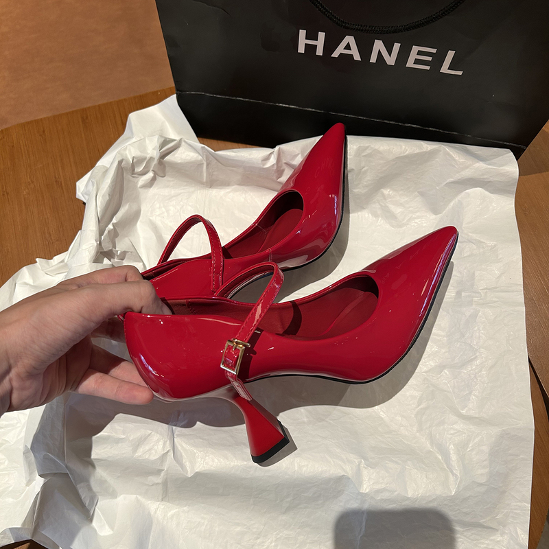 Celebrity-Inspired Genuine Leather Pointed-Toe French-Style High Heels for Women, with Thin Heels That Are Comfortable, Available in Red and Black, Mary Jane Shoes, Wedding Shoes
