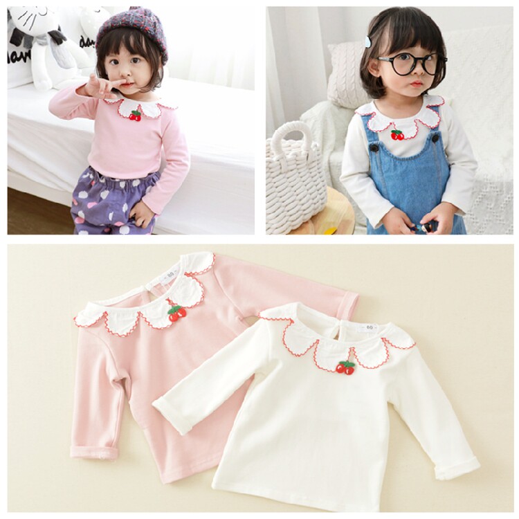 20 autumn children's clothing girls cotton bottoming shirt children lotus leaf collar cherry embroidery top baby long-sleeved T-shirt