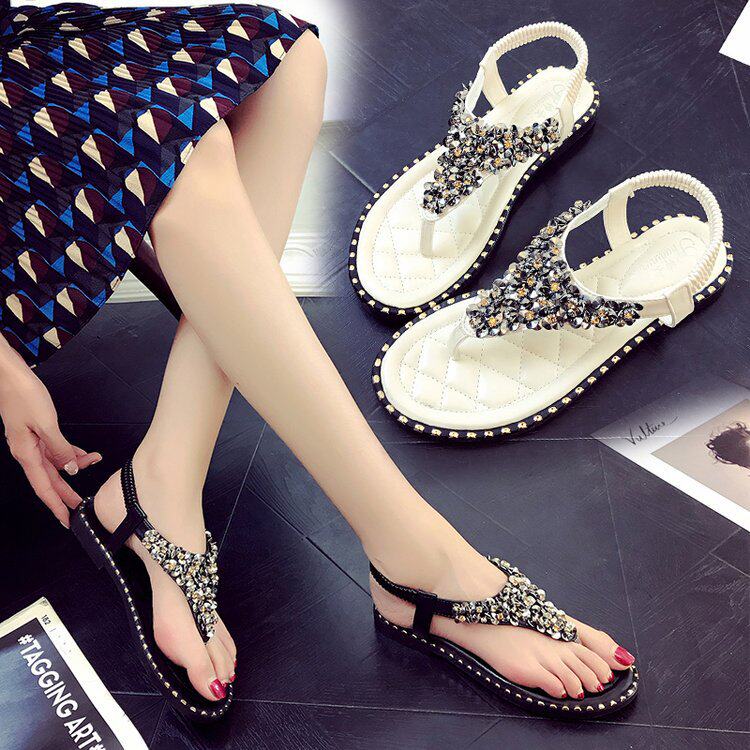 2021 summer women's clip-on bohemian flat students beach sandals beaded rhinestone Roman shoes flat women's shoes