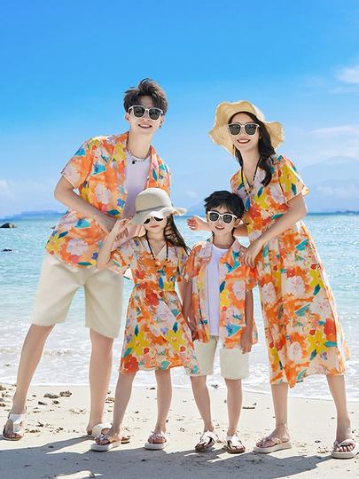 海边亲子装夏装一家三四口母子女连衣裙旅游度假沙滩情侣衬衫套装