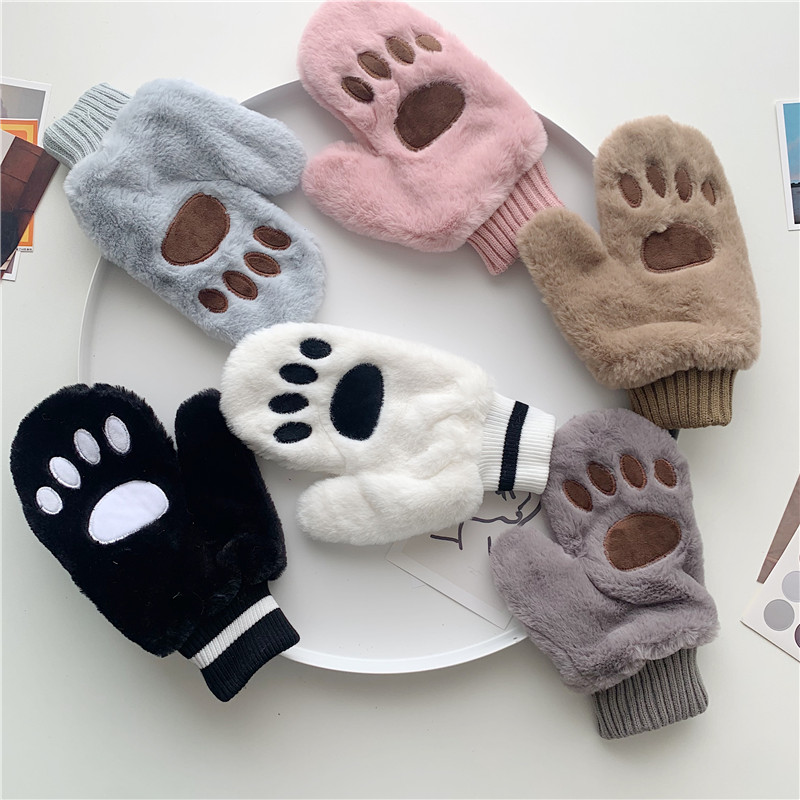 Korean bear paw plush gloves female cute winter thickened warm protective gloves hanging neck decoration student all-inclusive male