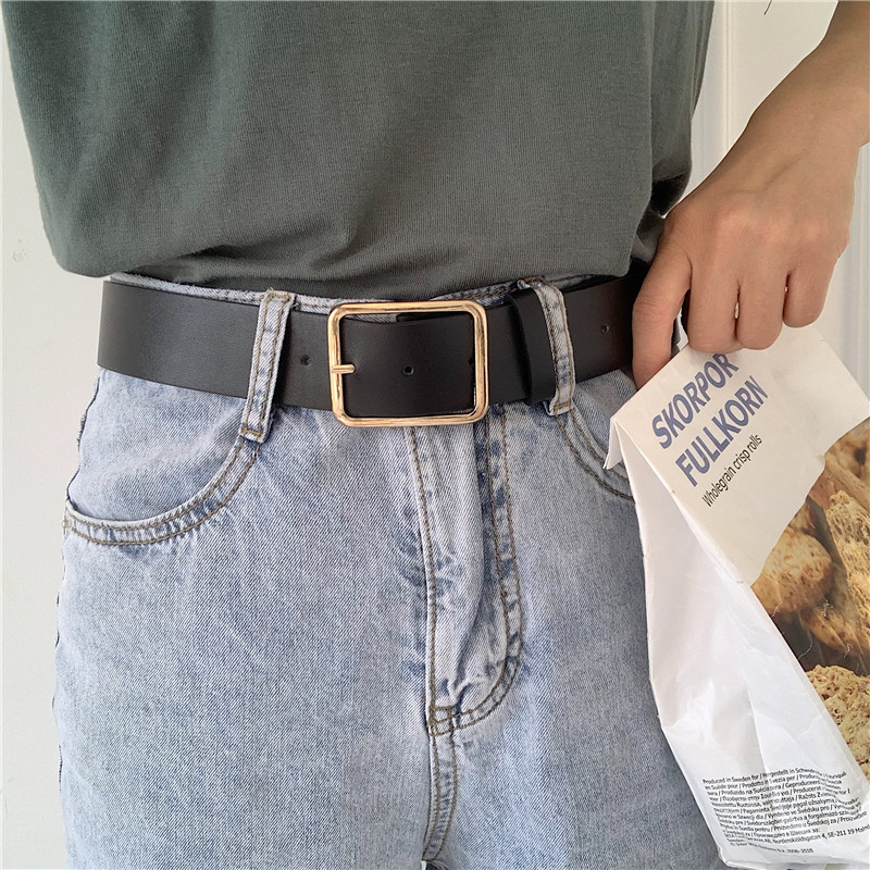Korean belt women's jeans retro ins style Korean version simple and versatile trendy rectangular buckle student pants bandwidth