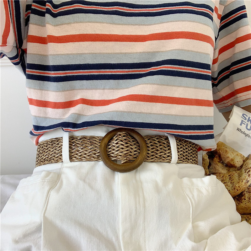Braided Dress Belt Accessories Versatile Simple Sweet Korean Style Waist Round Buckle Wooden Buckle Decoration Matching Skirt Girdle