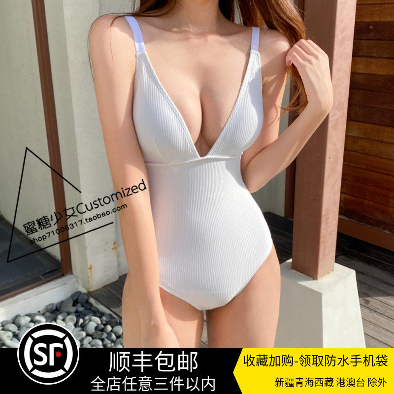 European and American ins Little Red Book Sexwale with a deep V collar White Resort Wind Swimsuit Women's Bubble Hot Springs White Swimsuit