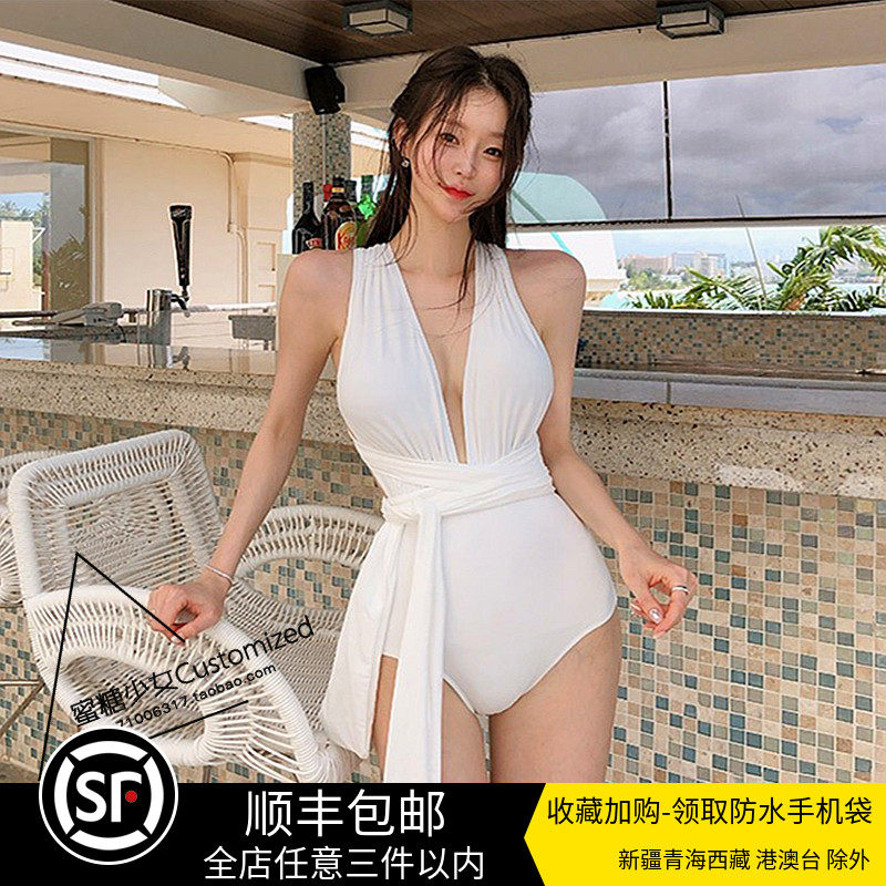 INS Little Red Book Sexy Even with white small fragrance Ethos Strap Holiday Swimsuit Woman Deep V Collar back swimsuit
