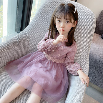 Girls spring princess dress 2022 new style children's clothing children's long-sleeved lace skirt Korean version fluffy skirt gauze skirt