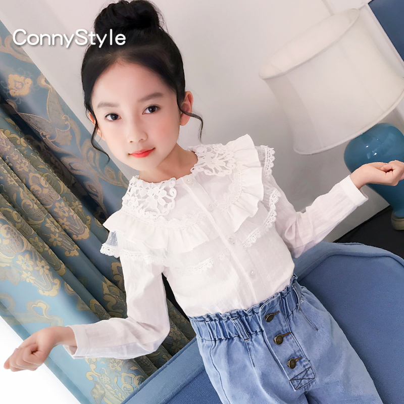 Girls mùa xuân ăn mặc áo Air 2020 Shirt Nguyên Đán trẻ em bản Hàn Quốc ren ren dài SleeveEd Lên trên trẻ em trắng