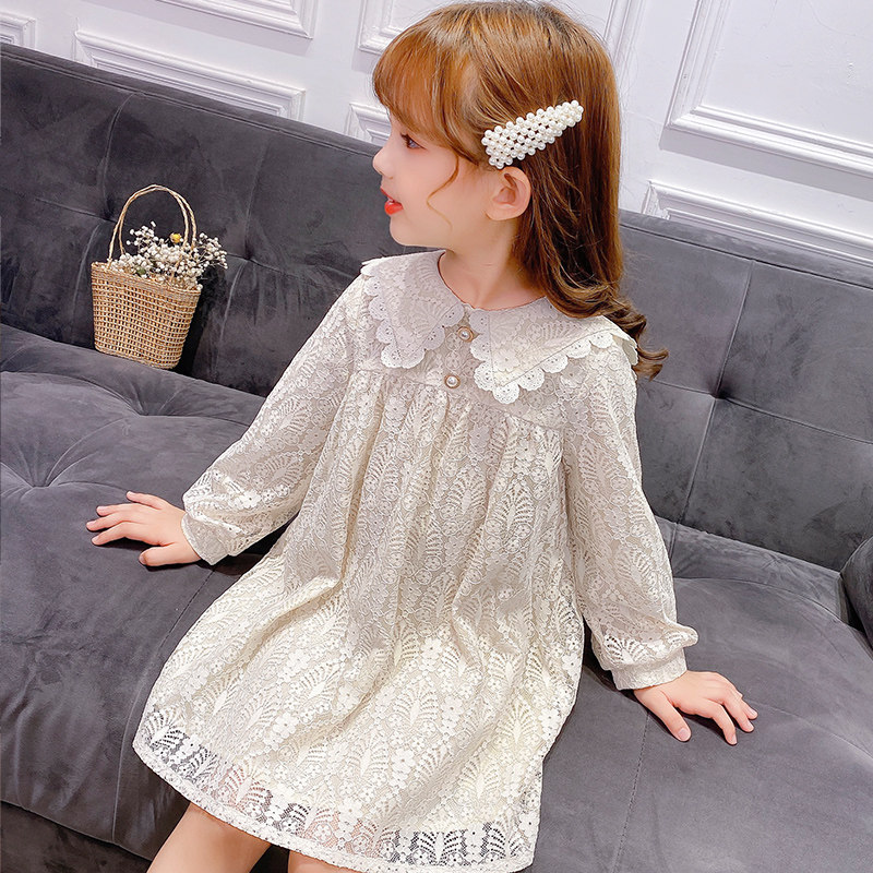 Girls Dress Spring Dress 2021 New Korean Version Children's Clothing Girl Long Sleeves Foreign Children's Lace Princess Skirt