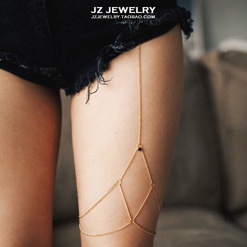 JZ Jewelry) 14k gold European and American sexy bikini body chain double tassel leg chain anklet women