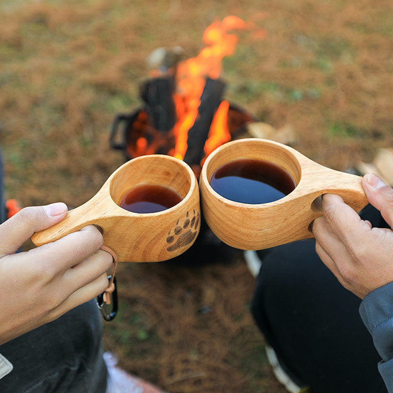 Outdoor Camping Picnic Day Style Coffee Wood Cup Retro Handle Cup Portable Rubber Wood Lovers Cup Anti-Burn Hand Cup