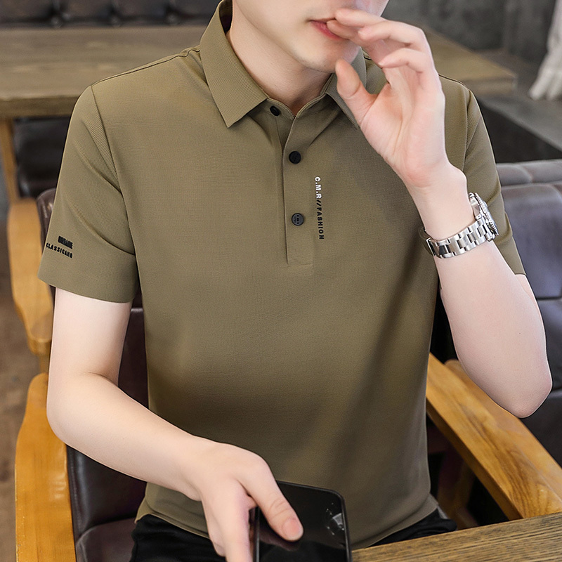 Ice Silk Seamless Short-Sleeved T-Shirt for Men, Summer High-End Business Dad Shirt, Collared Polo Shirt, Middle-Aged Half-Sleeve Top