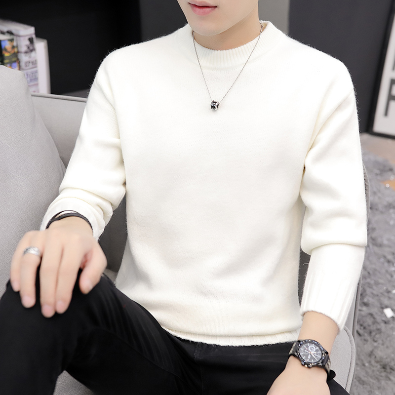 Men's round neck sweater autumn and winter thickened pullover knitted bottoming shirt white loose wool sweater men's sanitary clothing