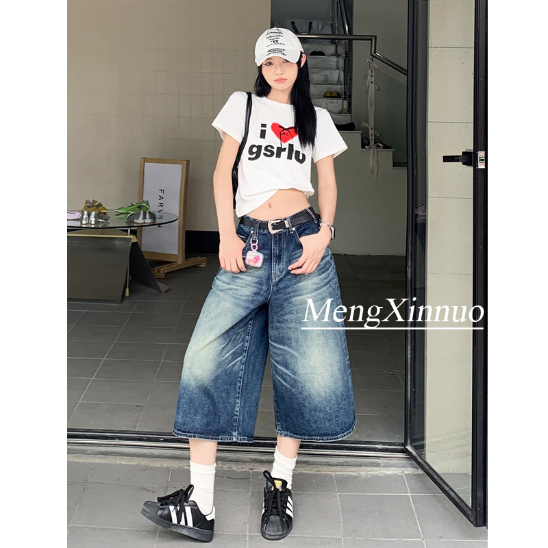 American Retro Washed Distressed Denim Shorts for Women, Summer 2026 New Style, Loose and Versatile, Wide-Leg Mid-Length Pants