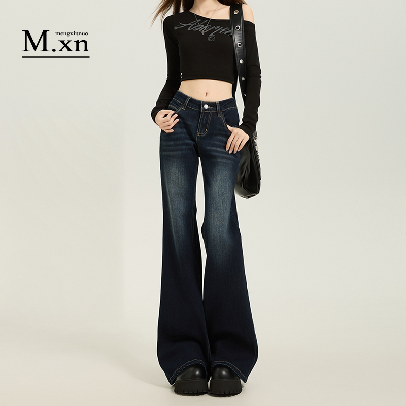American-Style Dark Blue Low-Waist Flared Jeans for Women, 2026 Spring New Slim-Fit Stretchy Floor-Length Straight-Leg Bell-Bottom Pants