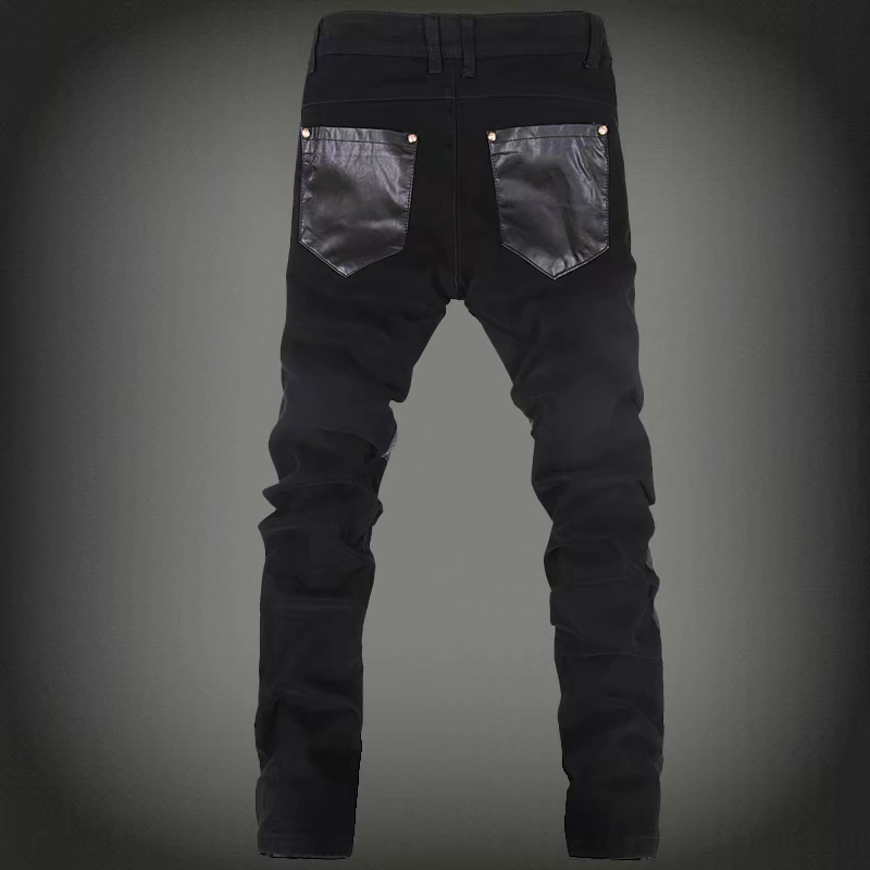 Tide quần da nam dây kéo phiên bản Hàn Quốc của mùa thu đông vừa vặn, denim mới khâu pu rửa da