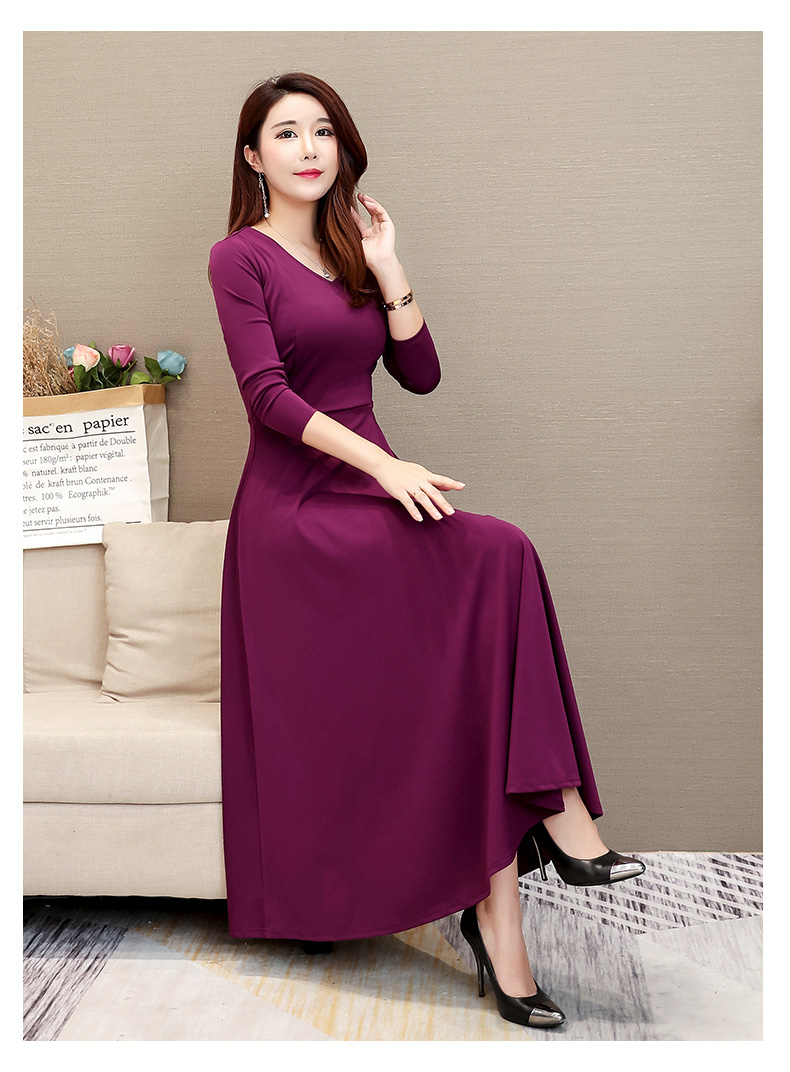 Váy dài 2018 thu đông của nữ phiên bản Hàn Quốc mới của phần dài Đầm mỏng cạp cao Đầm dài tay dài cổ chữ V váy hở eo
