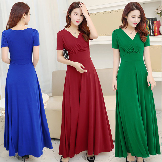 2023 summer women's dress slimming fashion women's dress new dress short-sleeved high waist swing skirt V-neck long skirt