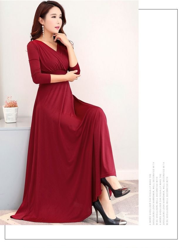 Phụ nữ phiên bản Hàn Quốc mới của mùa xuân và mùa thu đáy váy cổ chữ V eo cao là váy dài tay rộng, váy xòe dài thời trang váy dài nữ váy đi biển cho người thấp