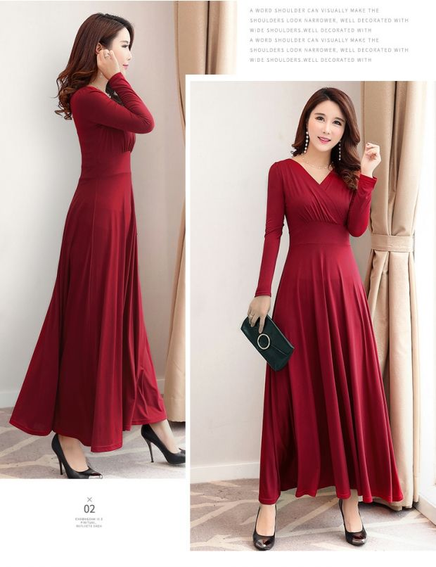 Phụ nữ phiên bản Hàn Quốc mới của mùa xuân và mùa thu đáy váy cổ chữ V eo cao là váy dài tay rộng, váy xòe dài thời trang váy dài nữ váy đi biển cho người thấp