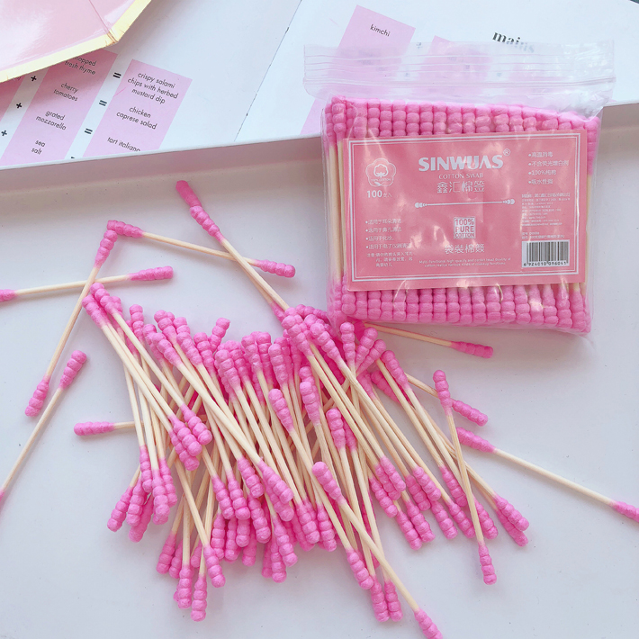 Pink girl heart cotton swab double-headed bamboo cotton swab 100 disposable ear cleansing cotton swab stick cotton ball
