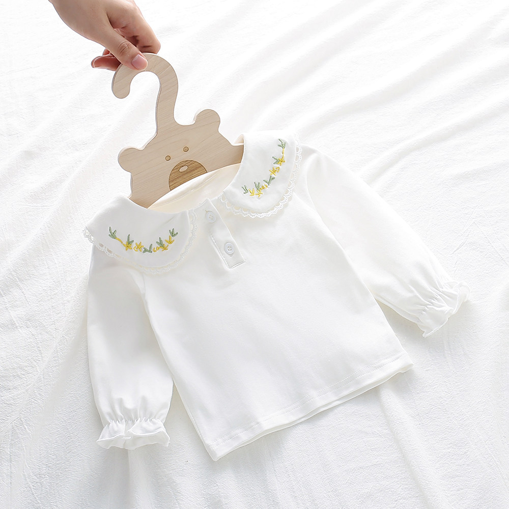 Baby spring and autumn bottoming shirt 0-3 years old baby girl long-sleeved white T-shirt girl doll collar embroidered top foreign style
