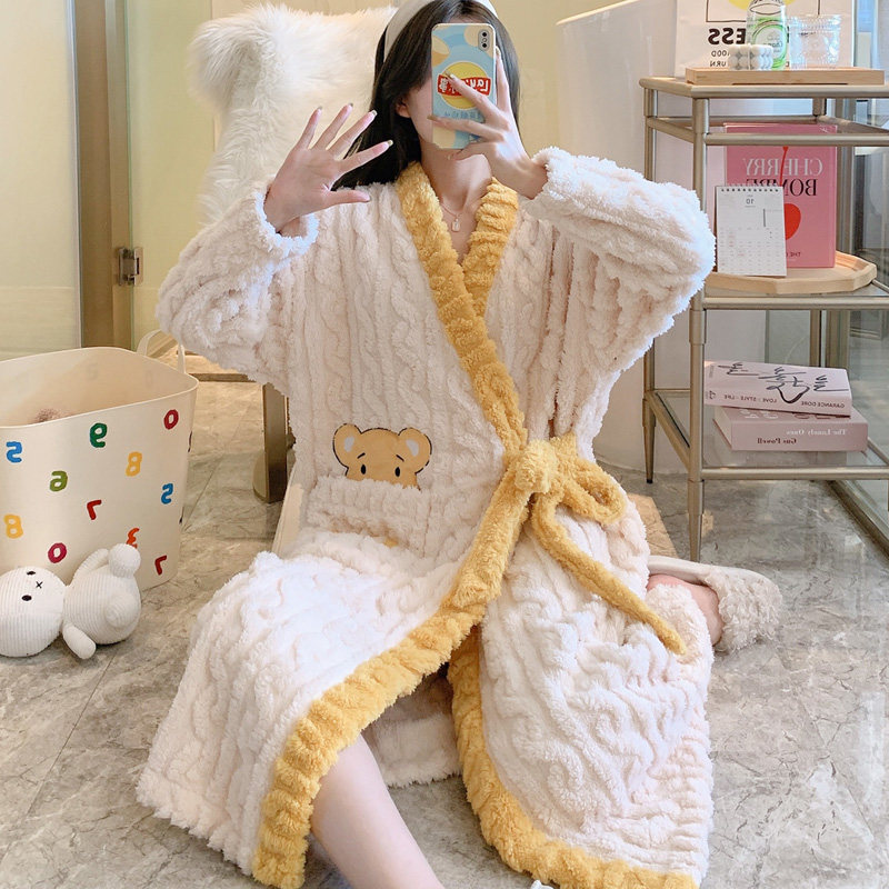 Korean Version Pyjamas Woman Spring Autumn Winter Long Sleeves Pyjamas Thickened warm and long version Baths can be worn outside with sweet and cute warmth