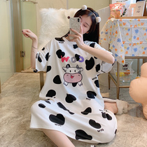 2021 summer sweet and cute night dress female short-sleeved round neck pure cotton pajamas Korean version of the fresh pullover dress female summer