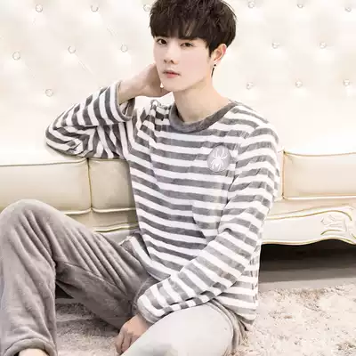 Pajamas men winter padded velvet coral velvet autumn and winter flannel warm Men's Home clothing set plus size
